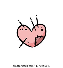Pillow for needles in shape of a heart with a cute patch doodle. Sewing or tailoring tool single icon in cartoon style vector stock illustration. Cozy craft logo. Media highlights symbol
