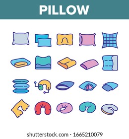 Pillow Orthopedic Collection Icons Set Vector. Comfortable Bed Pillow Memory Foam And Feather, Accessory For Travel And Bedroom Concept Linear Pictograms. Color Contour Illustrations