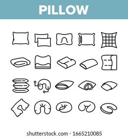 Pillow Orthopedic Collection Icons Set Vector. Comfortable Bed Pillow Memory Foam And Feather, Accessory For Travel And Bedroom Concept Linear Pictograms. Monochrome Contour Illustrations