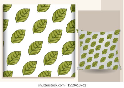 Pillow patterns, green leaf pattern on white background, with flat design style. Suitable print templates used for pillow patterns, curtains, curtains, cards, gift paper, scarves, sheets