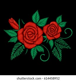 Pillow. Roses Embroidery on black background. Simple Floral Pattern. Ornamental Fashion print. Traditional Folk Decoration for Fabric. Bouquet. Vector illustration