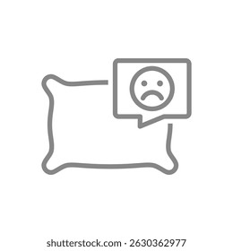 Pillow with sad face in speech bubble line icon. Comfortable pillow for sleep symbol. Vector illustration.