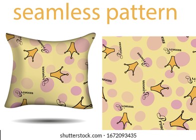 Almohada. patrones de colores sin fisuras con corona, inscripción, princesa, círculos. Fondo, vector. Fiesta, adorno.  Los niños imprimen. Fondo, rosa, amarillo, dorado, 