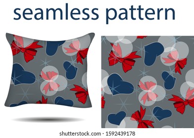 pillow, seamless pattern, bows, hearts, stars, circle, colored ornament for textiles, wrapping paper, wallpaper, design, decor, bedding, 