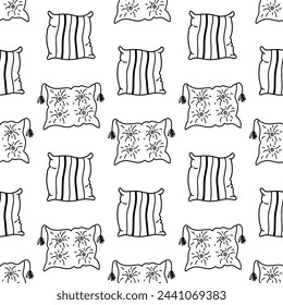 Pillow seamless vector pattern. Black and white bedroom accessories with tassels, folds, stripes. Home cushion for bed, sofa. Feather pad. For sleep, dream, relax, nap. Hand drawn doodle background