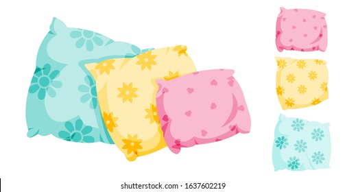 Pillow set with decorative pattern, flat cartoon style. interior textile. Pillows for sofa, three in a row, for bed, sleep. Сlassic feather, bamboo eco fabric. Isolated on white vector illustration