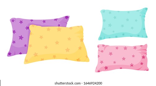 Pillow set with decorative pattern, flat cartoon style. interior textile. Funny and cute decorative pillows for sofa, for bed. Сlassic feather, bamboo eco fabric. Isolated on white vector illustration