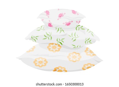 Pillow set with decorative pattern, flat cartoon style. Abstract patterns on three pillows, for sofa, bed, sleep. Сlassic feather, bamboo eco fabric сushion design.  Isolated on white vector
