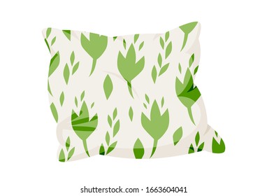 Pillow set with decorative pattern, flat cartoon style. Interior textile. Funny and cute decorative cushion with green flowers. Сlassic feather, bamboo eco fabric. Isolated on white vector illustratio