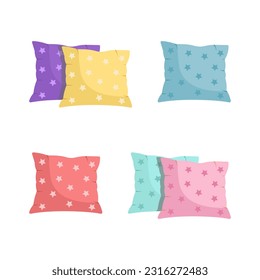 Pillow set with decorative pattern, flat cartoon style. interior textile. Funny and cute decorative pillows for sofa, for bed. Сlassic feather, bamboo eco fabric. Isolated on white vector illustration