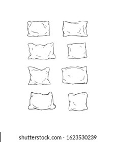 Pillow set in different shapes and sizes, outline vector illustration.
Hand drawn used pillows on paper, simple sketch. Foam object made for rest and naps.