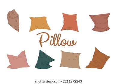 Pillow set vector illustration isolated on white background. Interior textile. Colorful simple cushions of warm neutral colors with soft folds Pajama party symbol Flat style