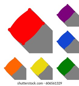 Pillow sign illustration. Set of red, orange, yellow, green, blue and violet icons at white background with flat shadow.