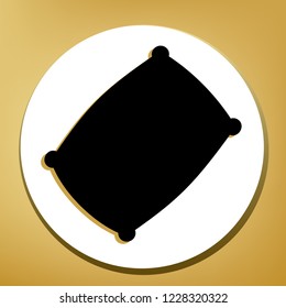 Pillow sign illustration. Vector. Black icon with light brown shadow in white circle with shaped ring at golden background.