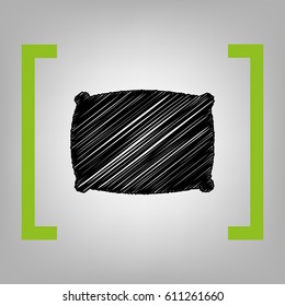 Pillow sign illustration. Vector. Black scribble icon in citron brackets on grayish background.