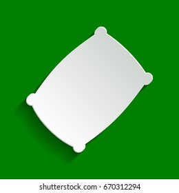 Pillow sign illustration. Vector. Paper whitish icon with soft shadow on green background.