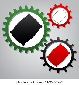 Pillow sign illustration. Vector. Three connected gears with icons at grayish background.