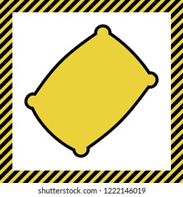 Pillow sign illustration. Vector. Warm yellow icon with black contour in frame named as under construction at white background. Isolated.