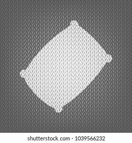 Pillow sign illustration. Vector. White knitted icon on gray knitted background. Isolated.