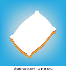 Pillow sign illustration. Vector. White icon with 3d warm-colored gradient body at sky blue background.