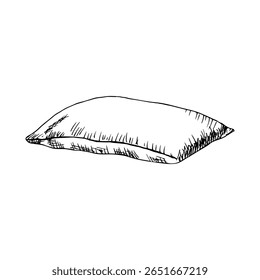 Desenho de esboço de travesseiro. Ilustração de contorno desenhado à mão de almofada, têxteis domésticos, elementos de cama. Relaxamento, sono, descanso, conforto e relaxe. Clipart de arte de linha vetorial
