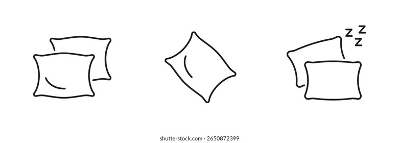 Conjunto De Ícones Travesseiro E Sono. Coleção De Símbolos De Descanso, Conforto E Relaxamento. Qualidade Do Sono E Básicos De Quarto. Traço editável. Ilustração de vetor isolada.