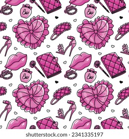 Pillow, sleep mask, diary and other accessories on pink colors. Seamless pattern. Vector.