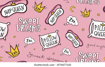 Pillow, sleeping mask drawing and hand lettering texts on pink seamless pattern texture background design for fashion graphics, textile prints, fabrics and pajamas