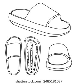 Zapatillas de almohada para mujeres y hombres Antideslizante de secado rápido Ducha Diapositivas Sandalias de baño Line art, dibujo de boceto técnico contorno de dibujo ilustración de garabato de Vector vista diversa, aislado sobre fondo blanco