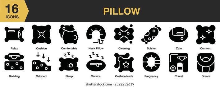 Conjunto de iconos sólidos de almohada. Incluye cojín, almohada para el cuello, ortopédico, relajarse, dormir, viajar y más. Colección de Vector de iconos sólidos.