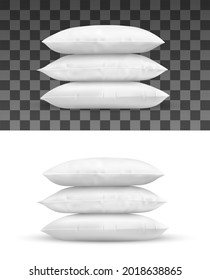 Pillow stack, realistic vector object of white cushions. Isolated pile of rectangle bed pillows 3d mockup with cotton or silk pillowcases, soft and comfortable bedding, bedroom accessories design