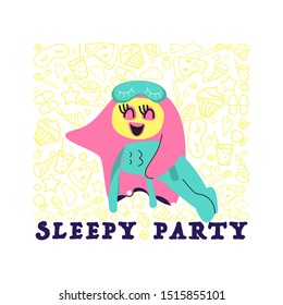 Pillow stands with a mask on its face and a soft toy on the background of accessories Pajama party in the style of doodles