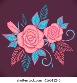 Pillow template. Roses Embroidery. Floral Pattern. Ornamental Fashion print. Traditional Folk Decoration for Fabric. Vector illustration