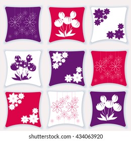 Pillow vector illustration. Set of pillows with flowers. Design cushion with different patterns