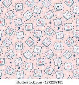 Pillows Background for Kids. Vector Seamless Pattern with Hand Drawn Doodle Sketch Bed Pillow with Cute Prints.  Cartoon Cushion Wallpaper. Pajama Party. Baby Shower
