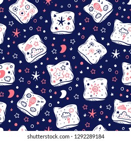 Pillows Background for Kids. Vector Seamless Pattern with Hand Drawn Doodle Sketch Bed Pillow with Cute Prints.  Cartoon Cushion Wallpaper. Pajama Party. Baby Shower