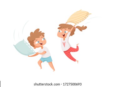 Pillows battle. Happy children have fun. Free time, kids playing together. Girl and boy in pajamas vector characters