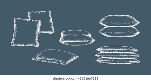 Travesseiros para cama, coleção de ilustrações de contorno desenhadas à mão. Desenhos de esboço de almofada, têxteis domésticos, itens de quarto, casa confortável, decoração do hotel. Clipart de arte de linha vetorial