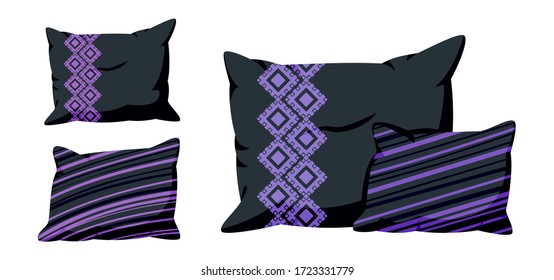 Pillows black, flat cartoon set with decorative pattern. Dark stylish square cushion, for bed, sofa. Home interior textile. Feather, bamboo eco fabric. Vector illustration