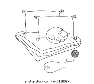 Pillows, blanket and cat on a white background. 