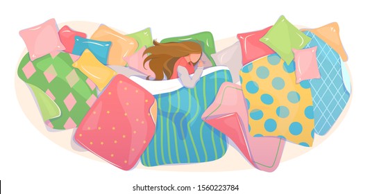 Pillows and blankets cover design, textile shop banner. Girl sleeping in cozy bed linen concept. Bedding set template. Web background of fabric pattern. Dream card, top view. Flat vector illustration.