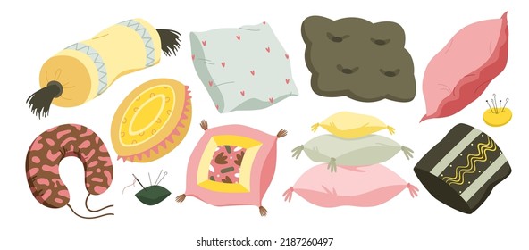 Pillows and colorful cushions set vector illustration. Cartoon comfy cute interior collection of square, round geometric shape to sleep and relax isolated on white. Decorative objects concept