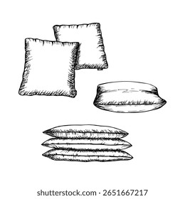 Travesseiros e almofadas conjunto de esboços desenhos em estilo de gravação. Itens de quarto, ilustração de esboço da decoração do hotel. Relaxamento, sono, descanso, conforto e relaxe. Clipart de arte de linha vetorial