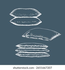 Travesseiros e almofadas esboço conjunto de ilustração. Desenho esquemático de têxteis domésticos, elementos de cama, decoração de casa. Relaxamento, sono, descanso, conforto e relaxe. Clipart de arte de linha vetorial