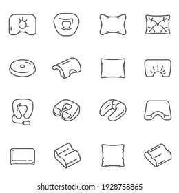 Las almohadas tienen diferentes formas y los iconos de la línea delgada están aislados en blanco. Cojines para avión, auto, colección de pictogramas de ropa de cama. Elementos vectoriales para dormir ortopédicos para infografía, web.