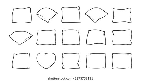 Pillows line icons. Soft cushions for sleeping, comfortable neck support orthopedic different shaped bed decoration thin linear style. Vector outline set. Sofa interior decor of different shape