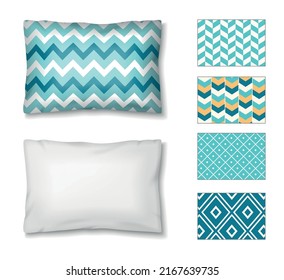 Pillows realistic set with isolated icons of pillows and samples of various color and pattern options vector illustration