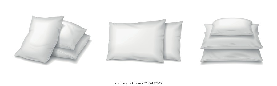 Pillows realistic set with isolated images of piles and stacks of white pillows on blank background vector illustration