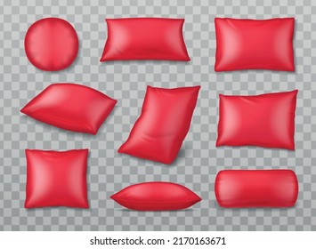 Pillows realistic set with isolated images of inflatable rubber pillows colored in red on transparent background vector illustration