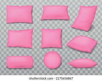 Pillows realistic set with isolated images of soft pink pillows of different shape on transparent background vector illustration